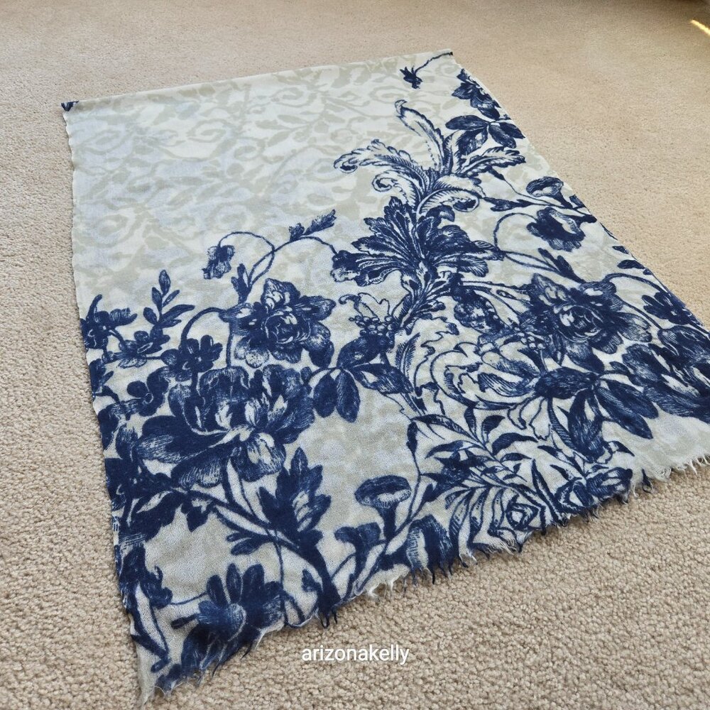 The Cashmere Project Floral Cashmere Scarf Blue Grey Ivory - Picture 8 of 9